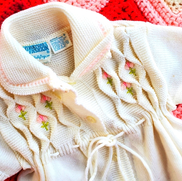 Vintage Smocked Style Ivory Knit Baby Dress - Picture 1 of 4